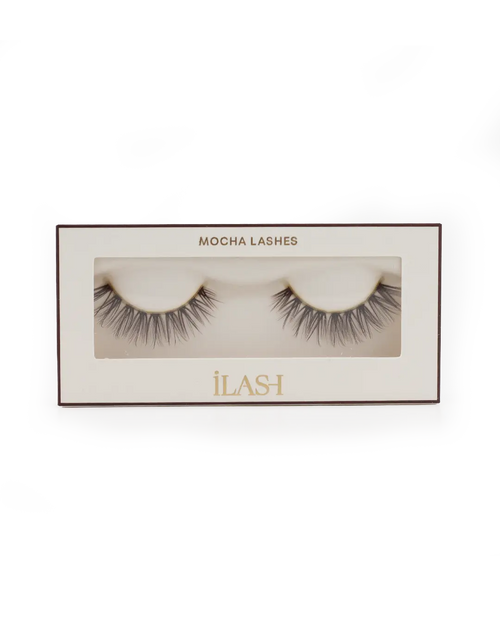 iLash UK Brown Flirty pre-mapped false eyelashes, wispy choppy lash segments 6–13 mm with D-curl brown mocha finish for soft glam and fluttery cat-eye look.